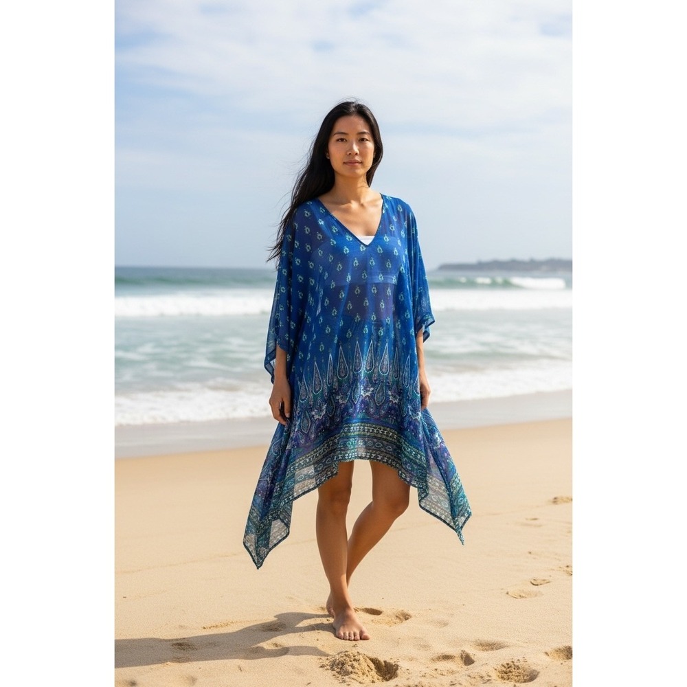 Tommy Bahama Women's Blue Paisley Floral Handkerchief Hem Kaftan Cover Up Size M